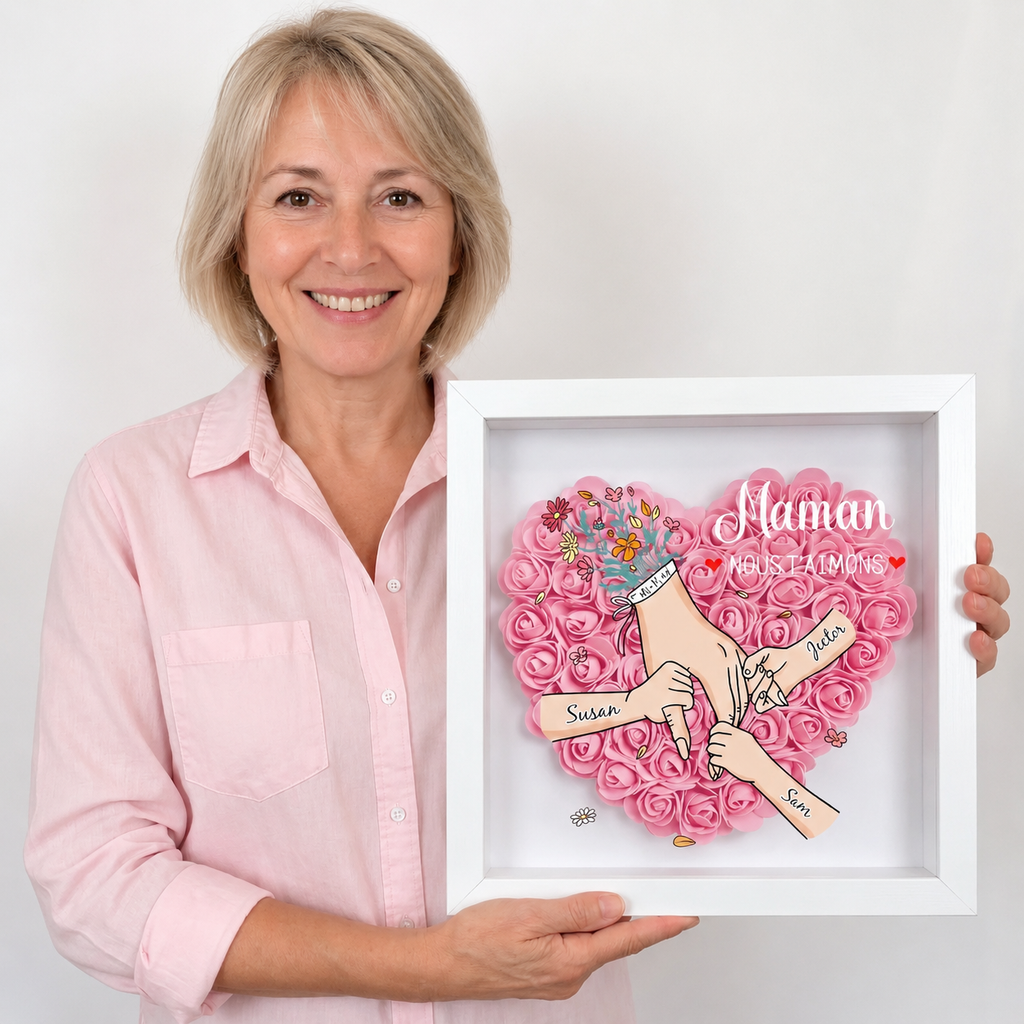 Cadre personnalisé avec prénoms et décoration florale - vue packagée