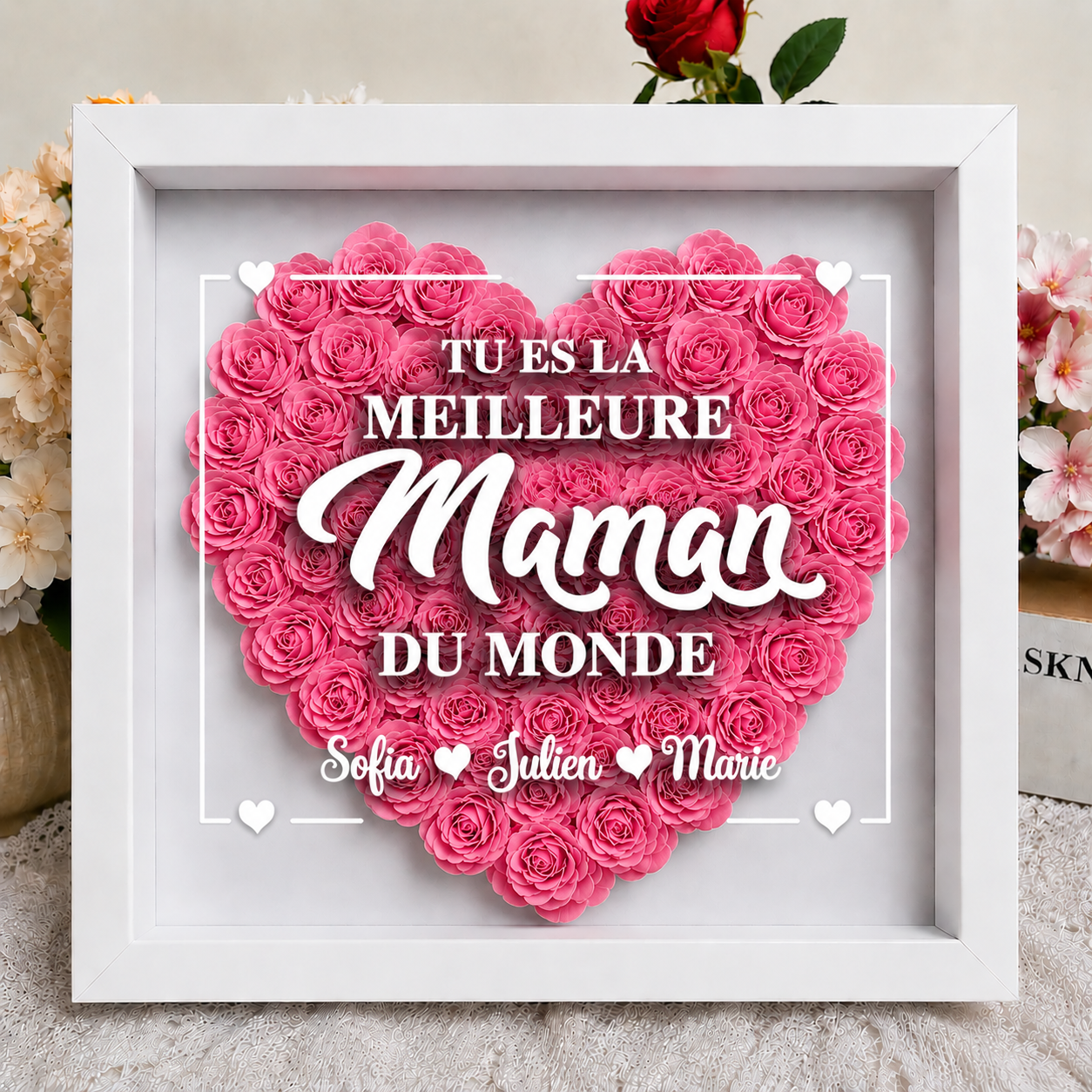 Cadre Message Personnalisé - vue de face avec roses rouges