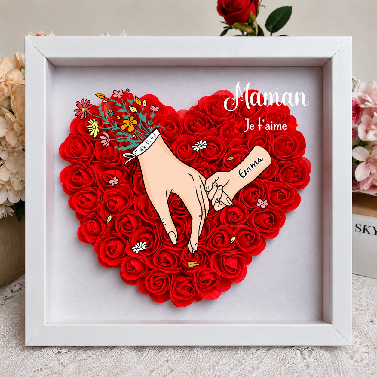 Cadre Mains dans la Main personnalisé avec roses décoratives - Maison des Souvenirs